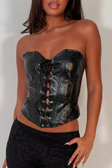 womens black faux leather strapless corset top night out festival rave outfit uk