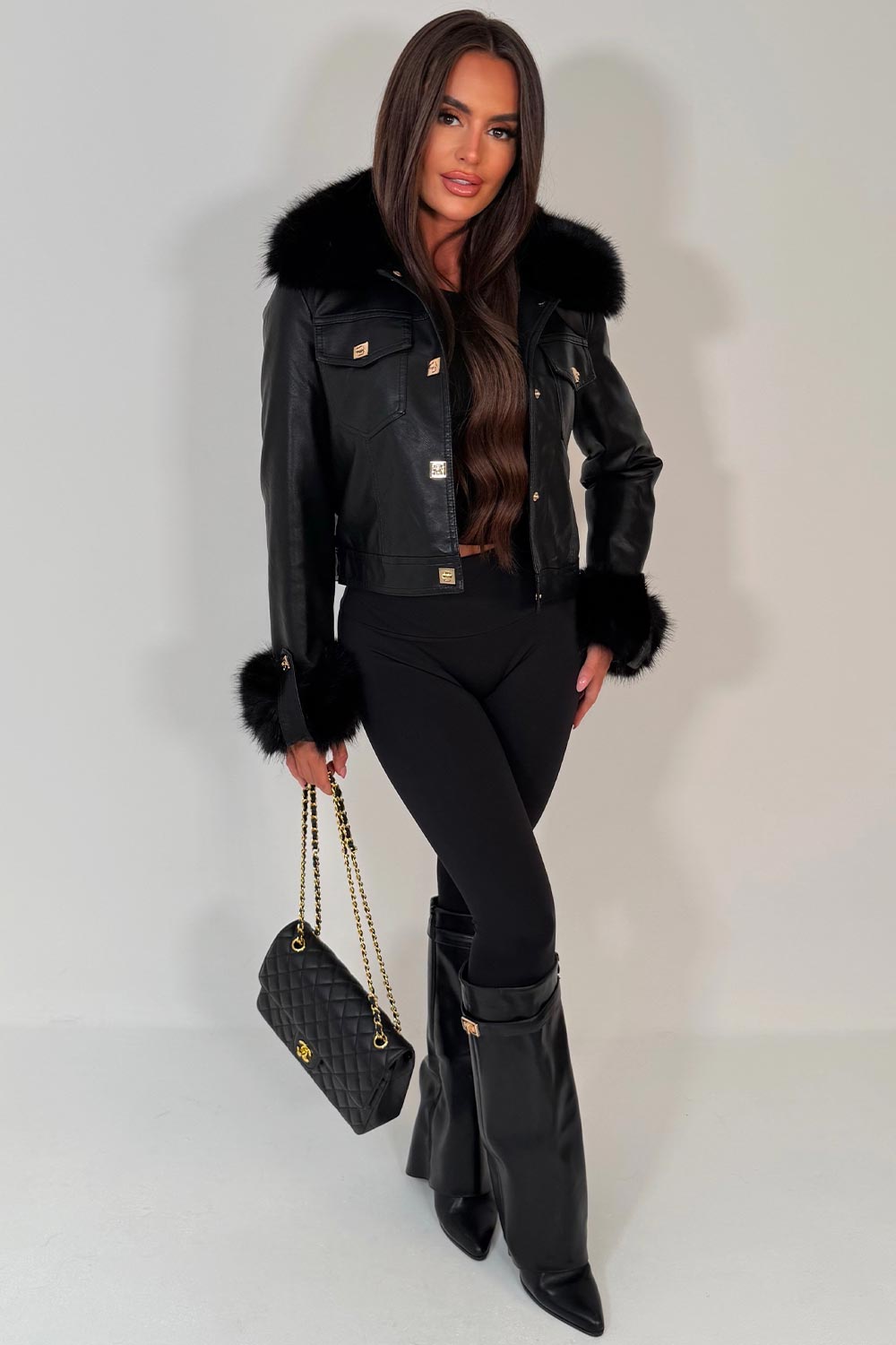 womens black faux fur cuff fur collar faux leather winter jacket with gold buttons styledup uk