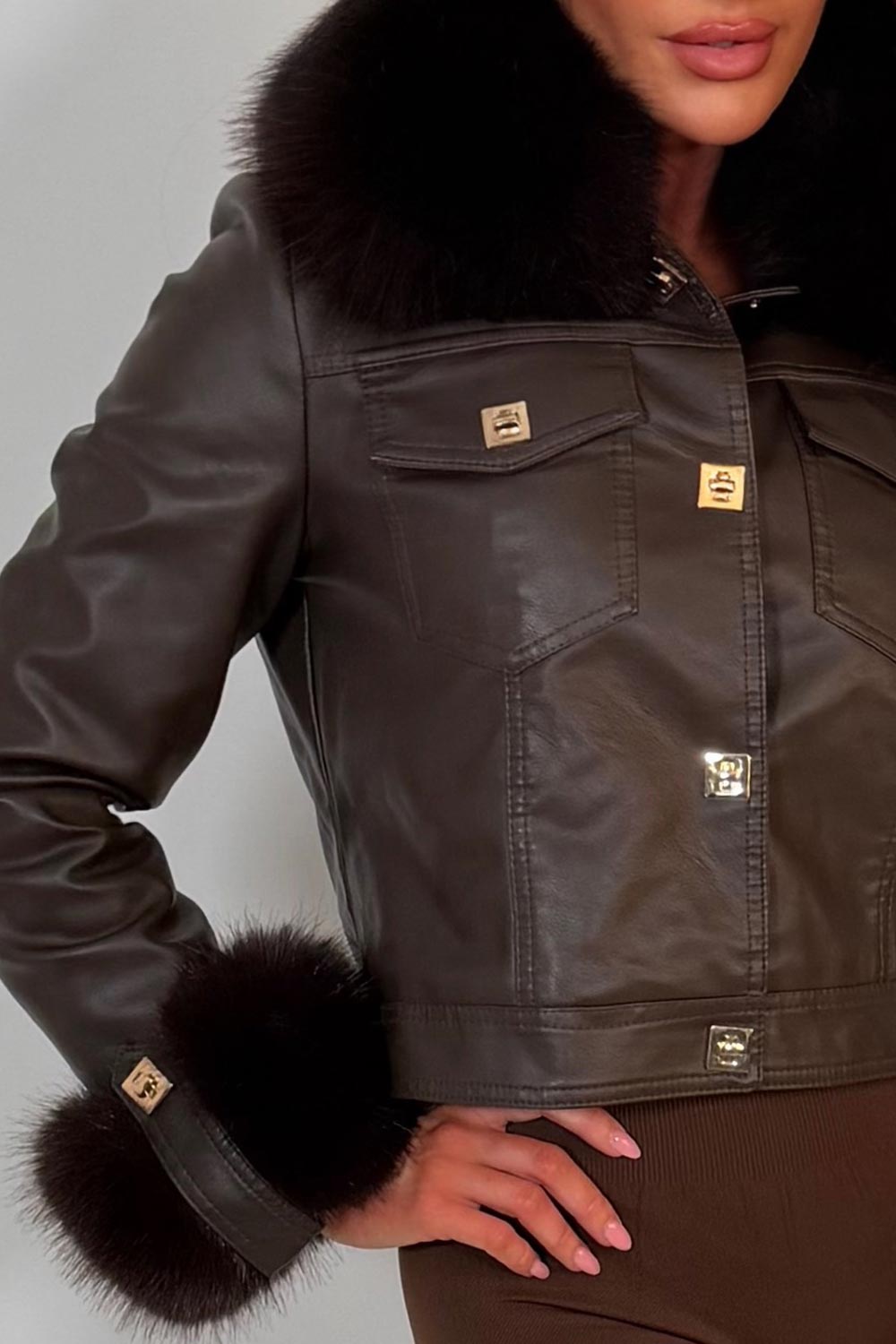 womens fur cuff and collar brown faux leather jacket with gold buttons styled up