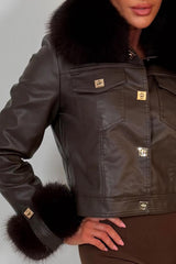 womens fur cuff and collar brown faux leather jacket with gold buttons styled up