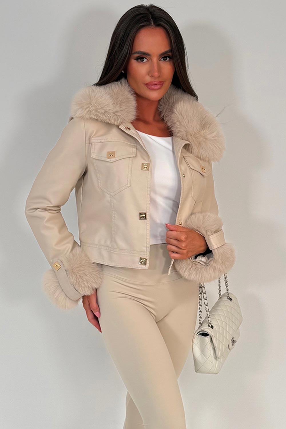womens beige fur cuff and collar faux leather gold button bomber jacket styled up