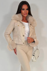 womens beige fur cuff and collar faux leather gold button bomber jacket styled up