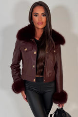 faux fur cuff faux fur collar faux leather bomber jacket with gold buttons for womens styled up
