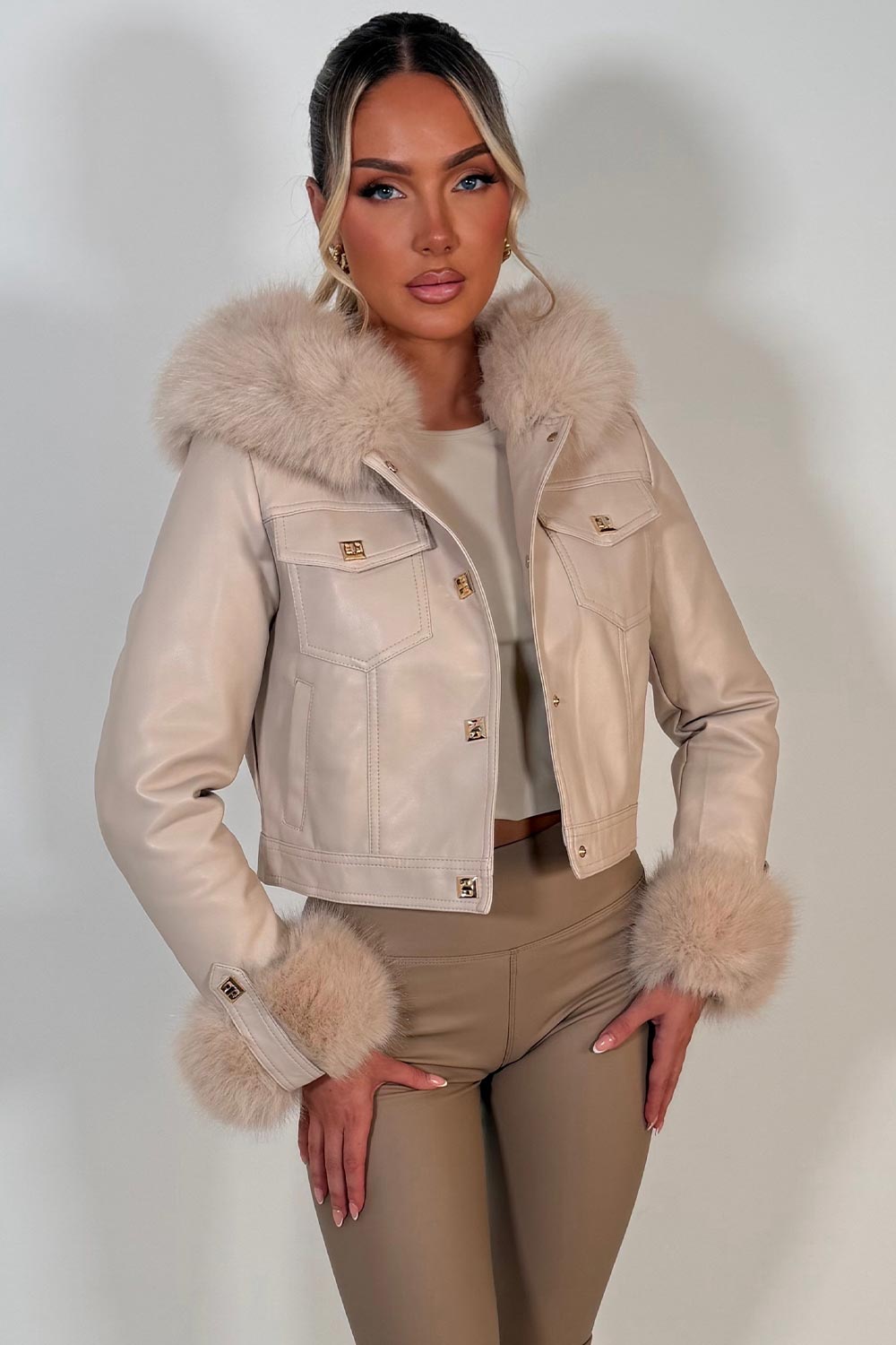 womens faux leather faux fur hood jacket with gold buttons styledup uk