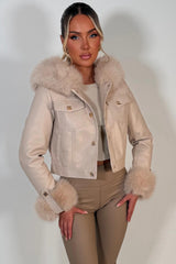 womens faux leather faux fur hood jacket with gold buttons styledup uk