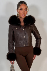 brown faux fur hood faux leather jacket with gold buttons styledup uk