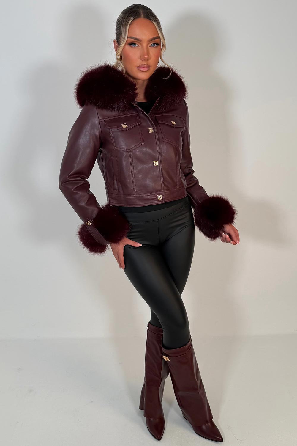 burgundy faux leather jacket with faux fur hood gold buttons styledup uk