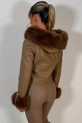 faux fur hood faux leather jacket with gold buttons styledup uk