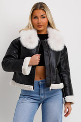 womens zara crop aviator jacket with fur collar