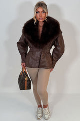brown leather effect jacket with fur collar womens styledup uk
