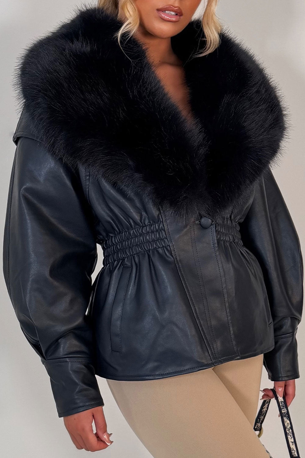 womens navy fur collar leather look jacket with gathered cinched waist for winter styledup uk