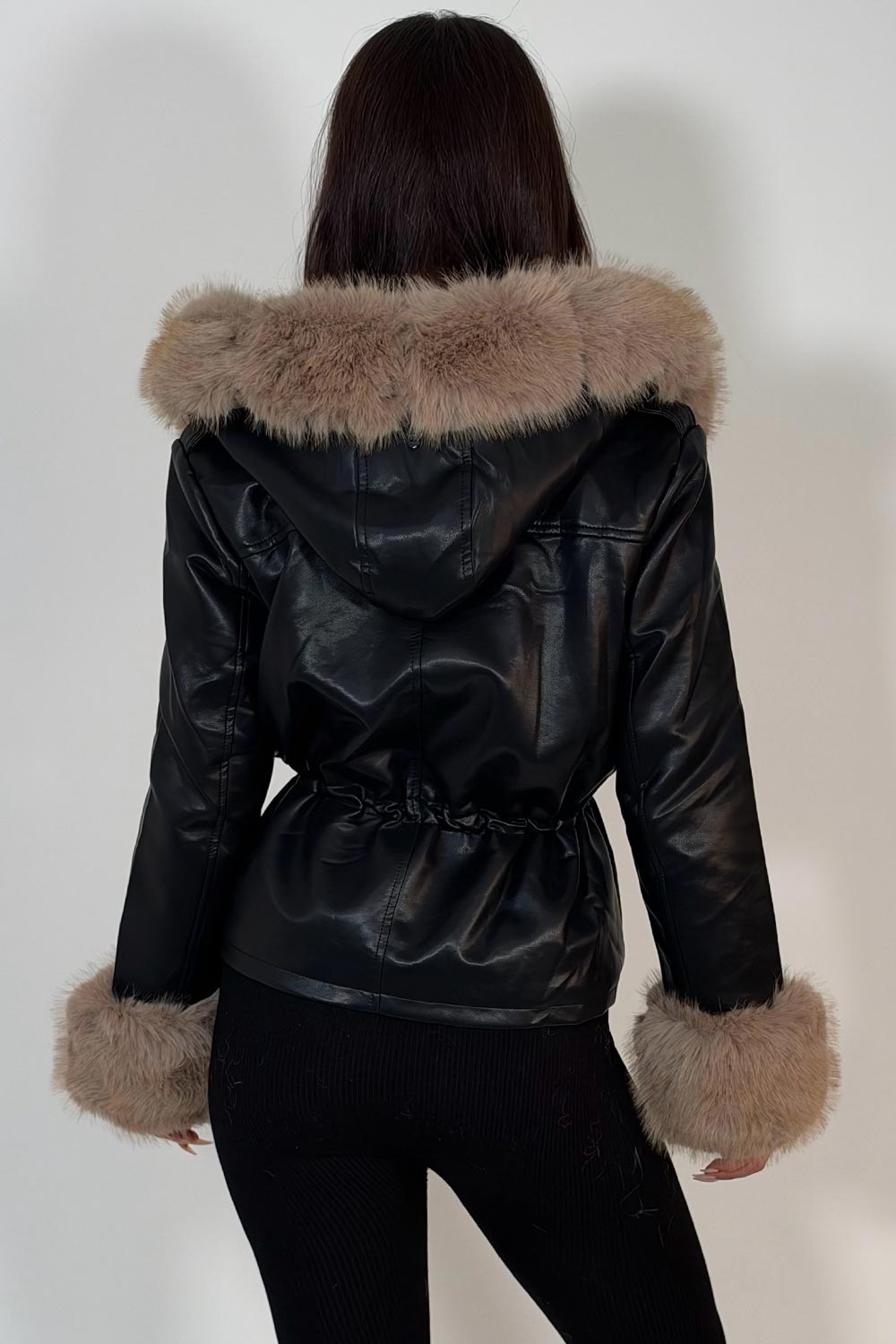 leather effect faux fur hood and cuff winter jacket with adjustable waist womens trendy outerwear styledup uk