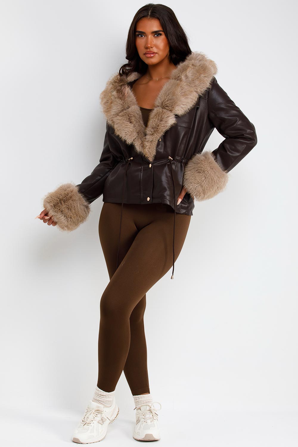 womens leather look jacket with fur collar and cuff brown styledup