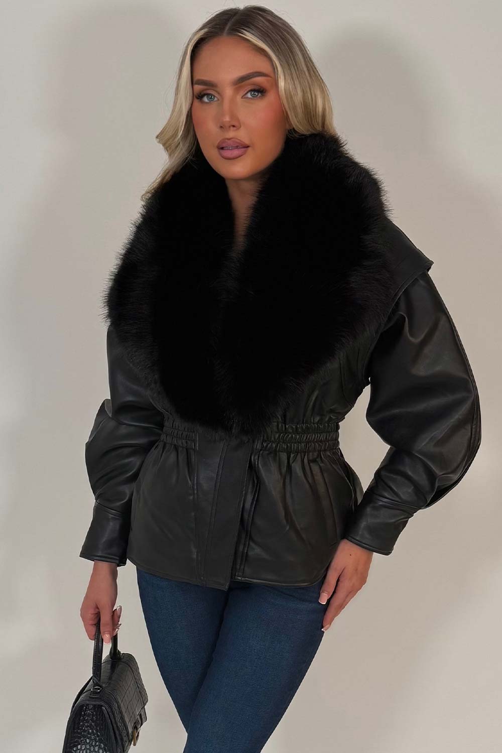 womens black faux fur faux leather jacket uk