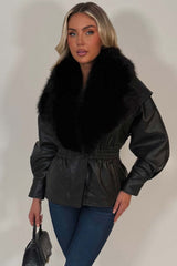 womens black faux fur faux leather jacket uk