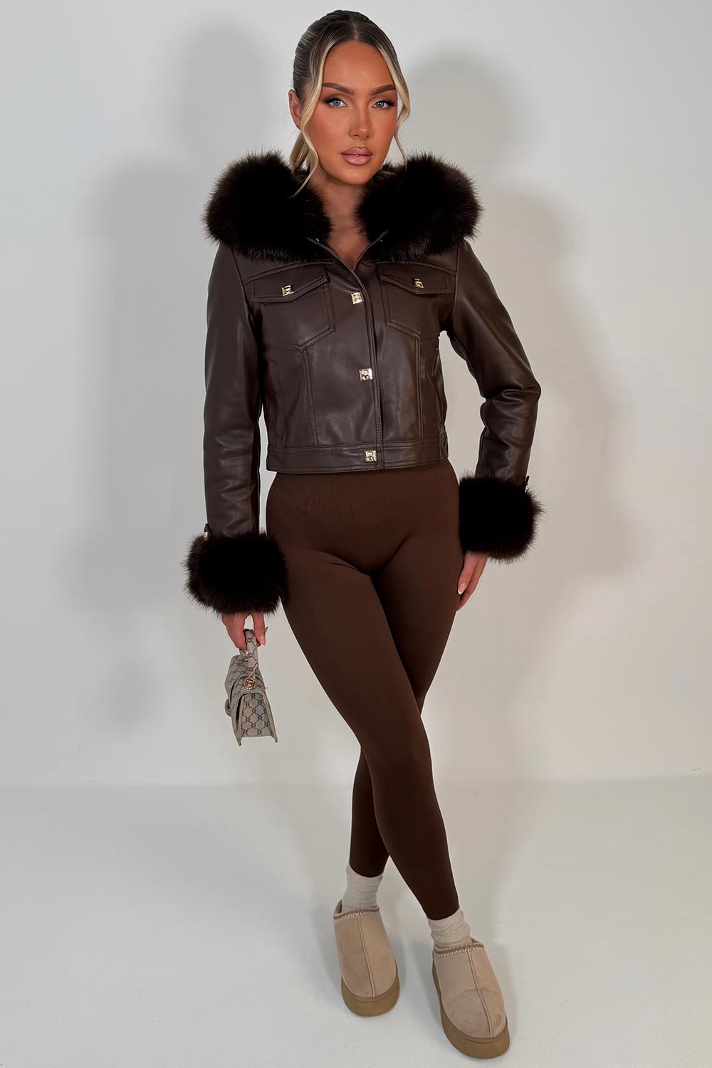 brown faux leather faux fur hood jacket with gold buttons styledup uk