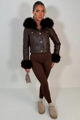 brown faux leather faux fur hood jacket with gold buttons styledup uk