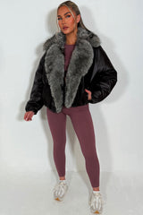 fur collar bomber jacket long sleeves womens