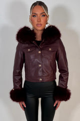 burgundy fur hood faux leather jacket with gold buttons styledup uk