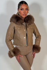 faux leather faux fur hood jacket with gold buttons styledup uk