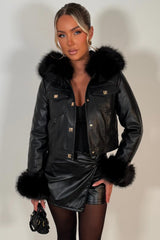 black fur hood faux leather jacket with gold buttons styledup uk