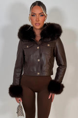 womens brown faux leather faux fur hood jacket with gold buttons styledup uk