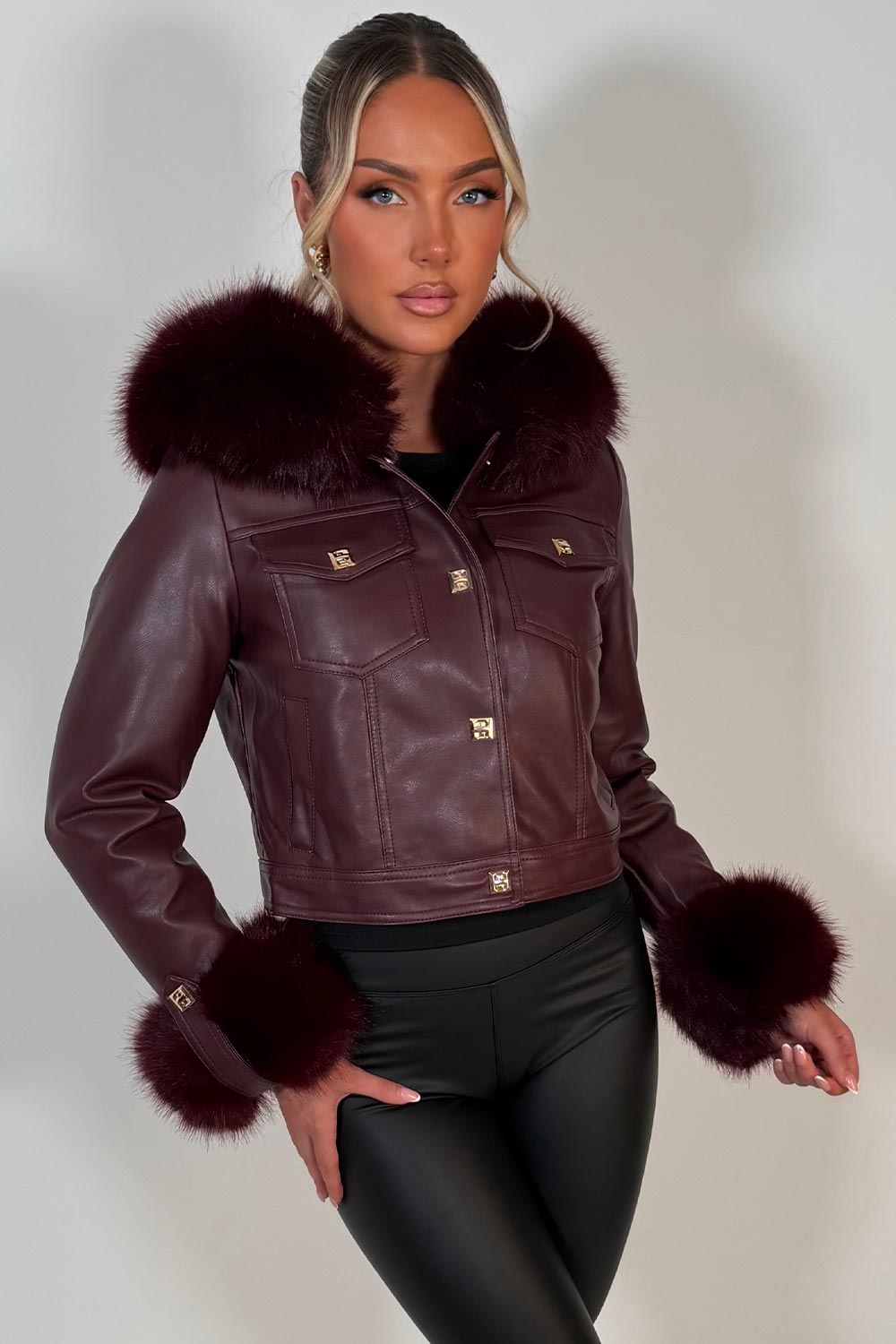 womens gold button faux fur hood faux leather jacket with faux fur cuff styledup uk