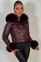 womens gold button faux fur hood faux leather jacket with faux fur cuff styledup uk