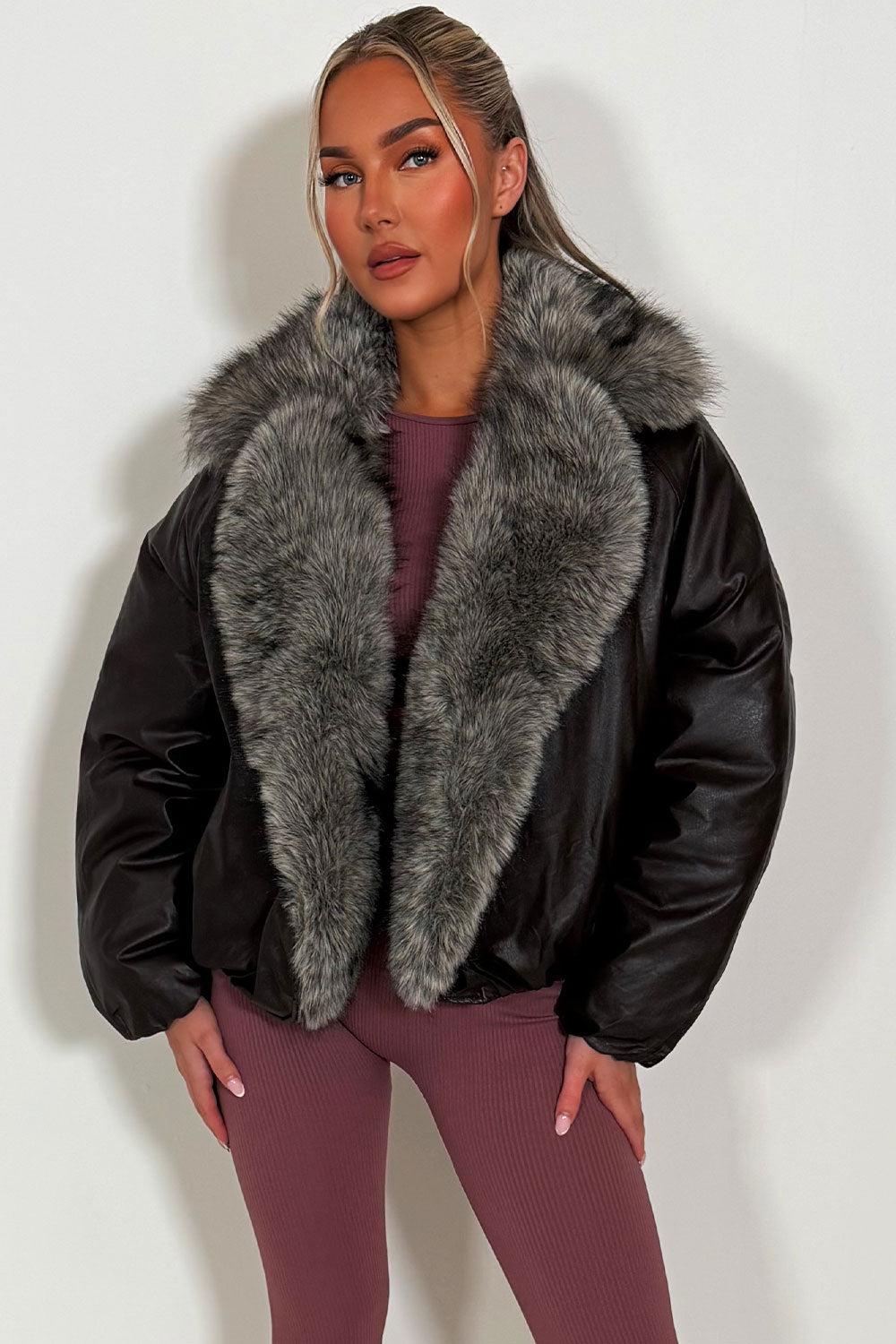 faux fur collar and trim bomber jacket womens styledup