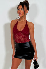 lace faux leather halter christmas party dress