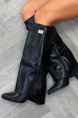 womens faux leather fold over knee high cowboy boots with gold buckle 