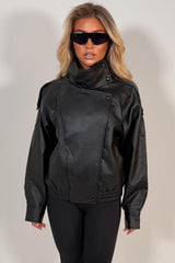 zara womens black funnel neck jacket in faux leather uk styledup