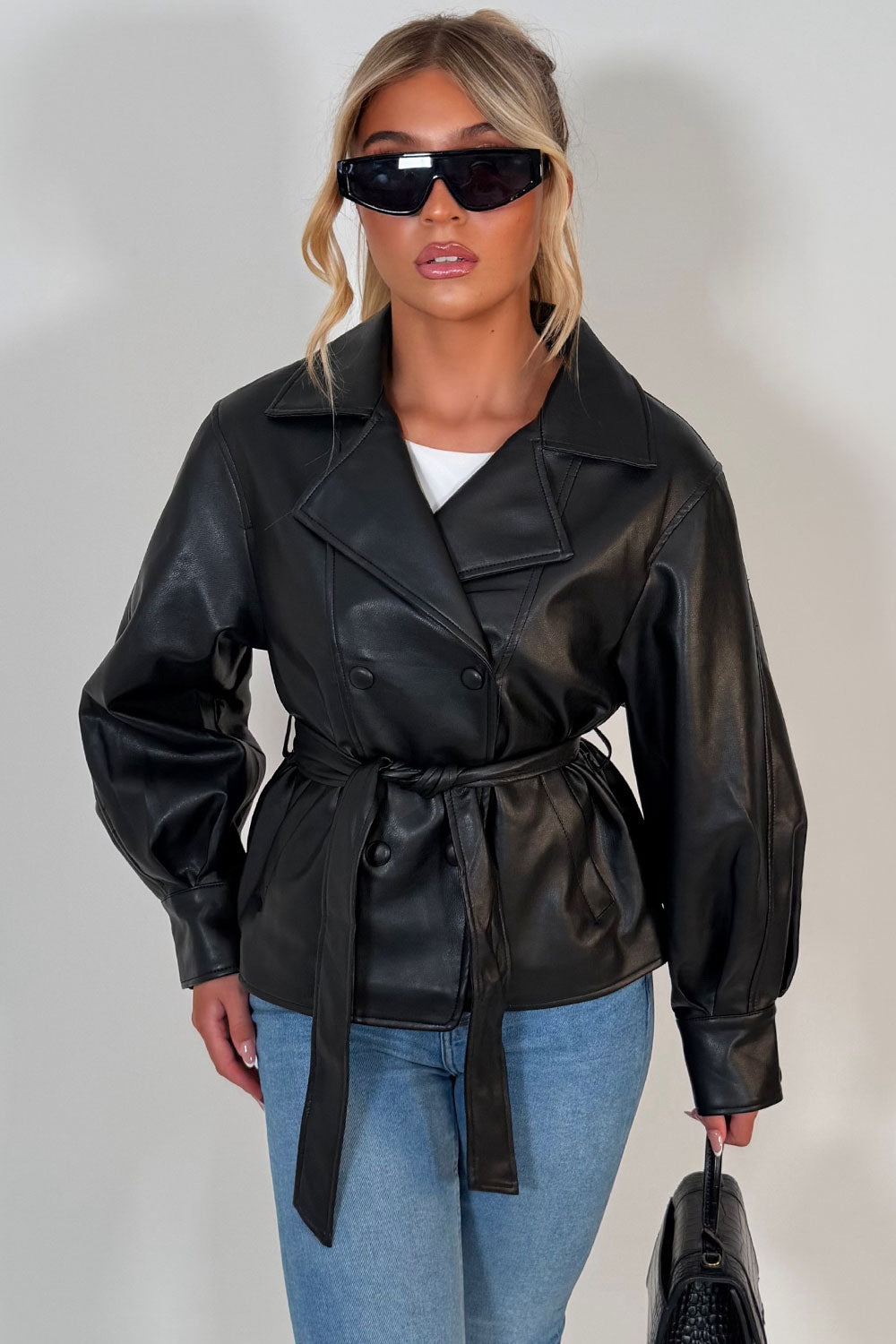 womens lapel collar faux leather double breasted jacket with button and belt fastening zara uk styledup 