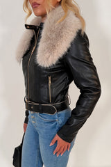 black faux leather faux fur collar jacket for winter styledup uk