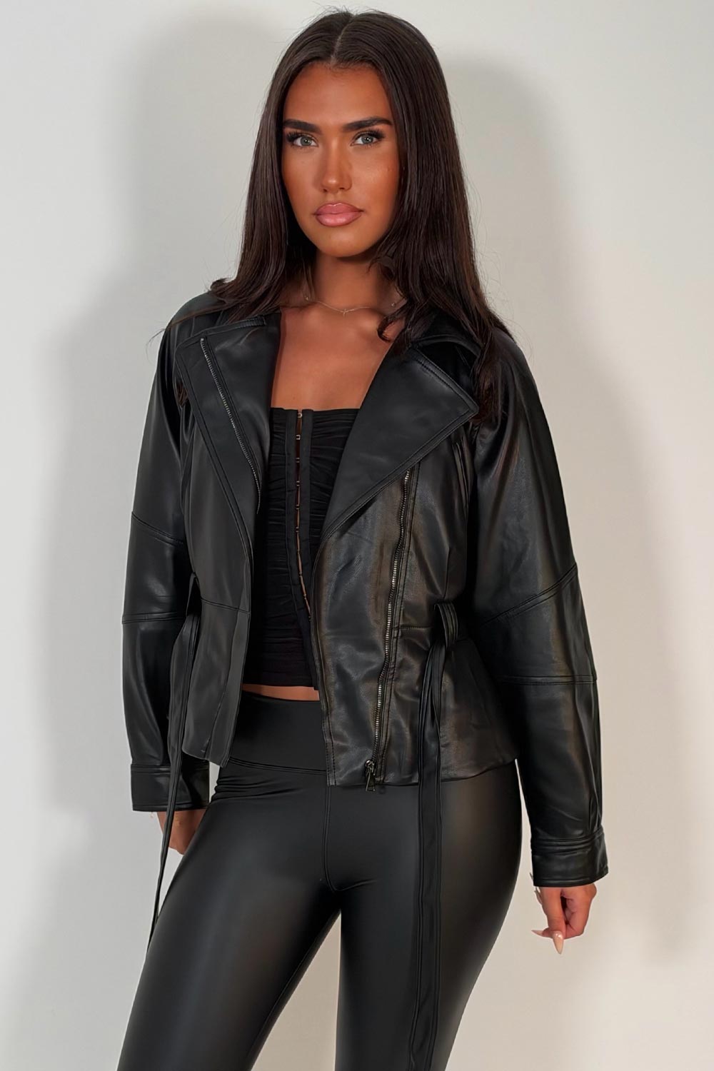 womens faux leather trench jacket with belt and lapel collars winter jacket styledup uk zara 