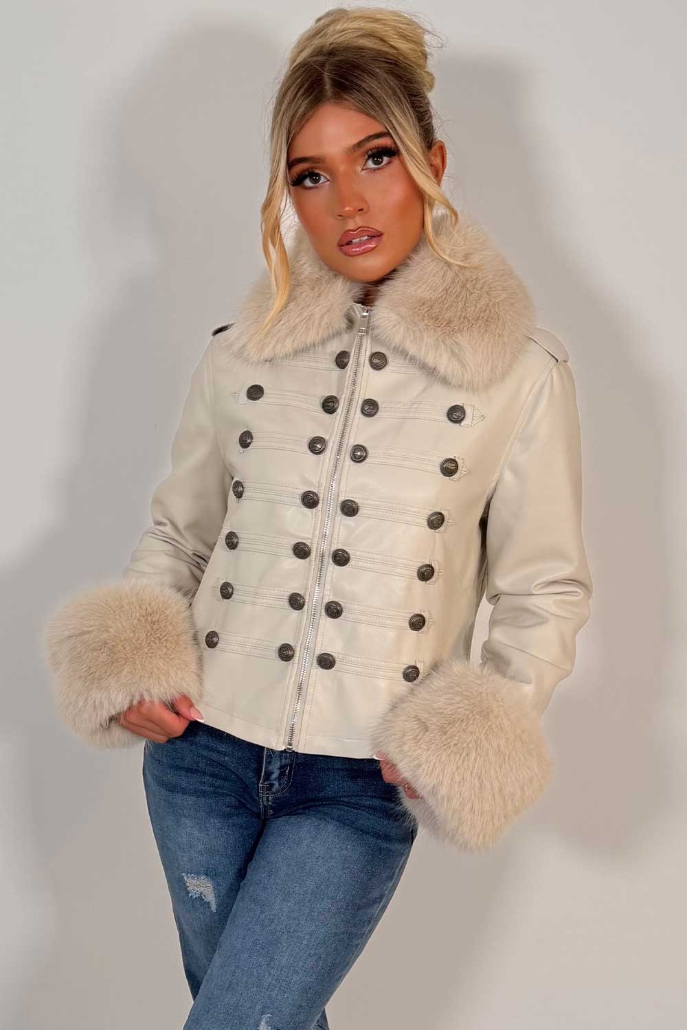 womens beige faux leather jacket with fur cuff and fur collar styledup uk