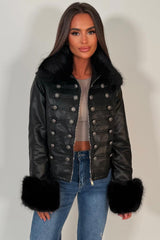 womens black faux leather jacket with fur cuff and fur collar styledup uk