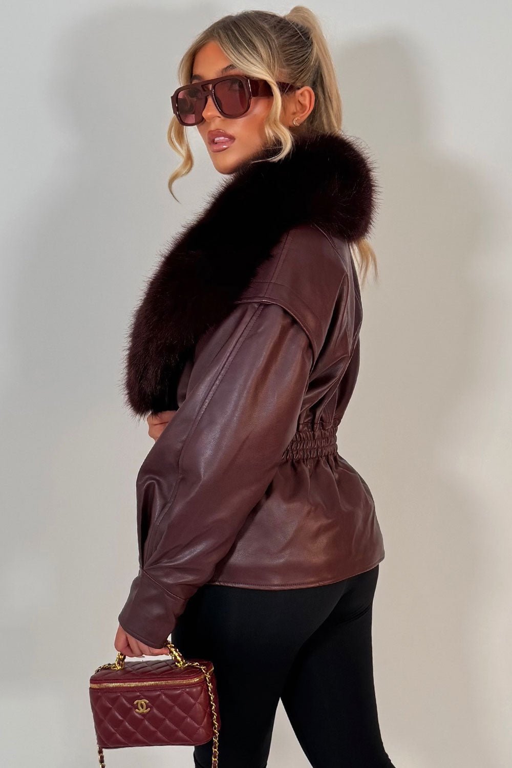 faux fur faux leather jacket with cinched waist styledup uk 