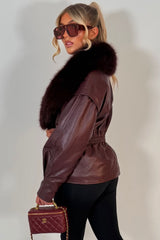 faux fur faux leather jacket with cinched waist styledup uk 