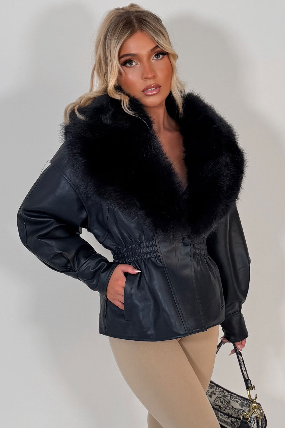 faux fur collar faux leather jacket with gathered waistline styledup uk