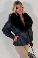 faux fur collar faux leather jacket with gathered waistline styledup uk