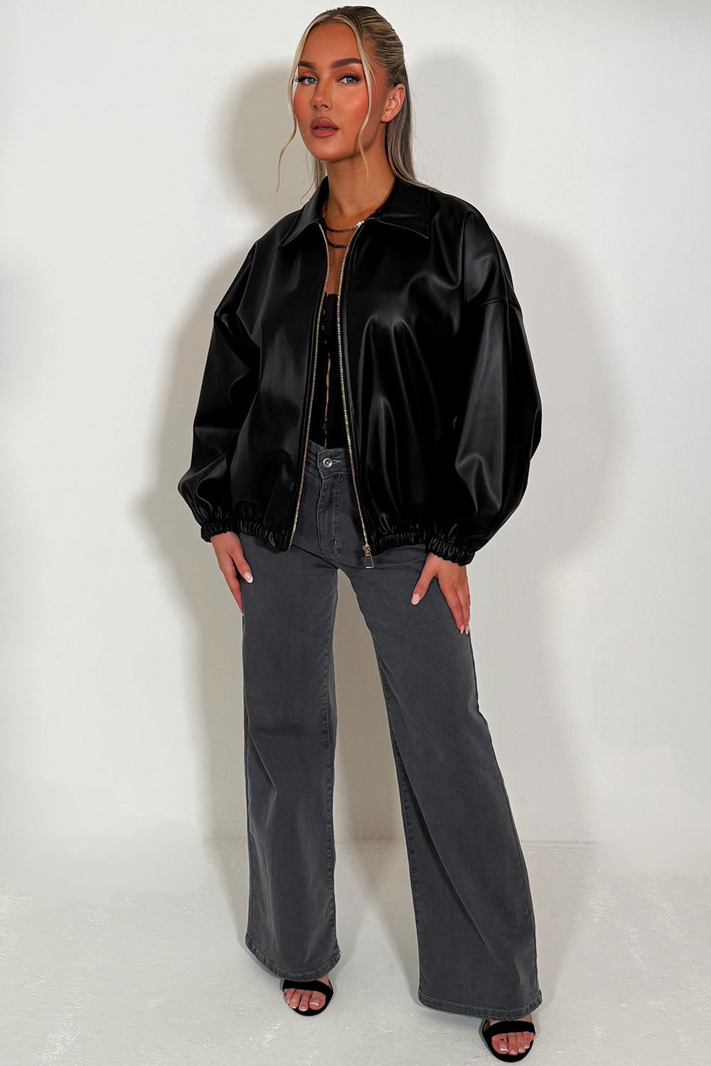 zara womens faux leather bomber jacket styledup