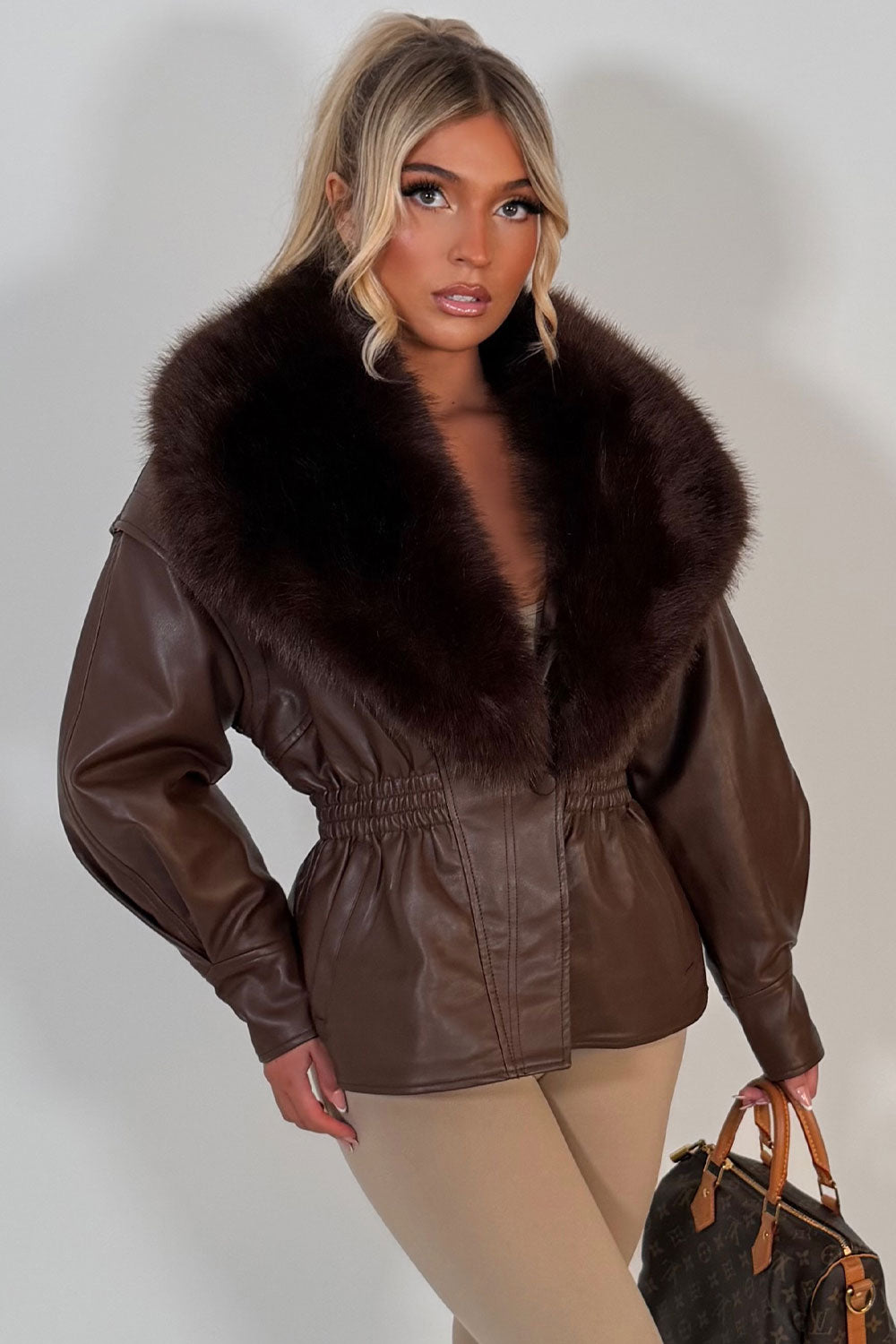 womens brown fur collar leather look jacket with gathered cinched waist for winter styledup uk