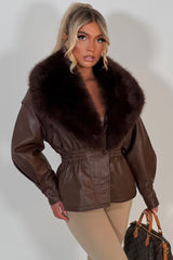 womens brown fur collar leather look jacket with gathered cinched waist for winter styledup uk