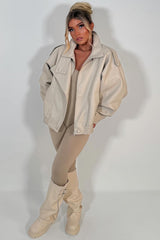 beige leather effect jacket with stand up collar zara uk sale