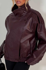 burgundy leather effect jacket with stand up collar zara uk sale