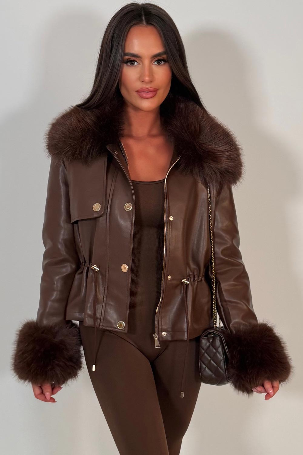 womens leather look jacket with fur collar and cuff brown styledup