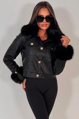 faux leather faux fur collar winter jacket with gold buttons styledup uk