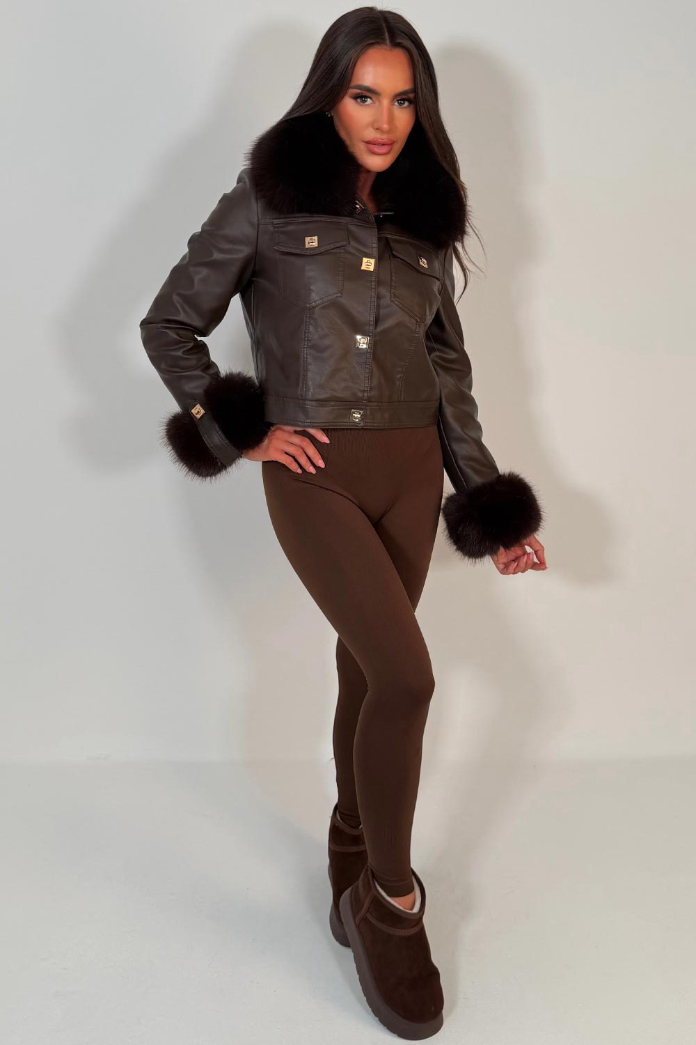 styledup brown faux fur faux leather jacket 