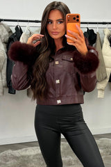 faux fur cuff and collar faux leather bomber jacket with gold buttons styledup womens outerwear christmas outfit 